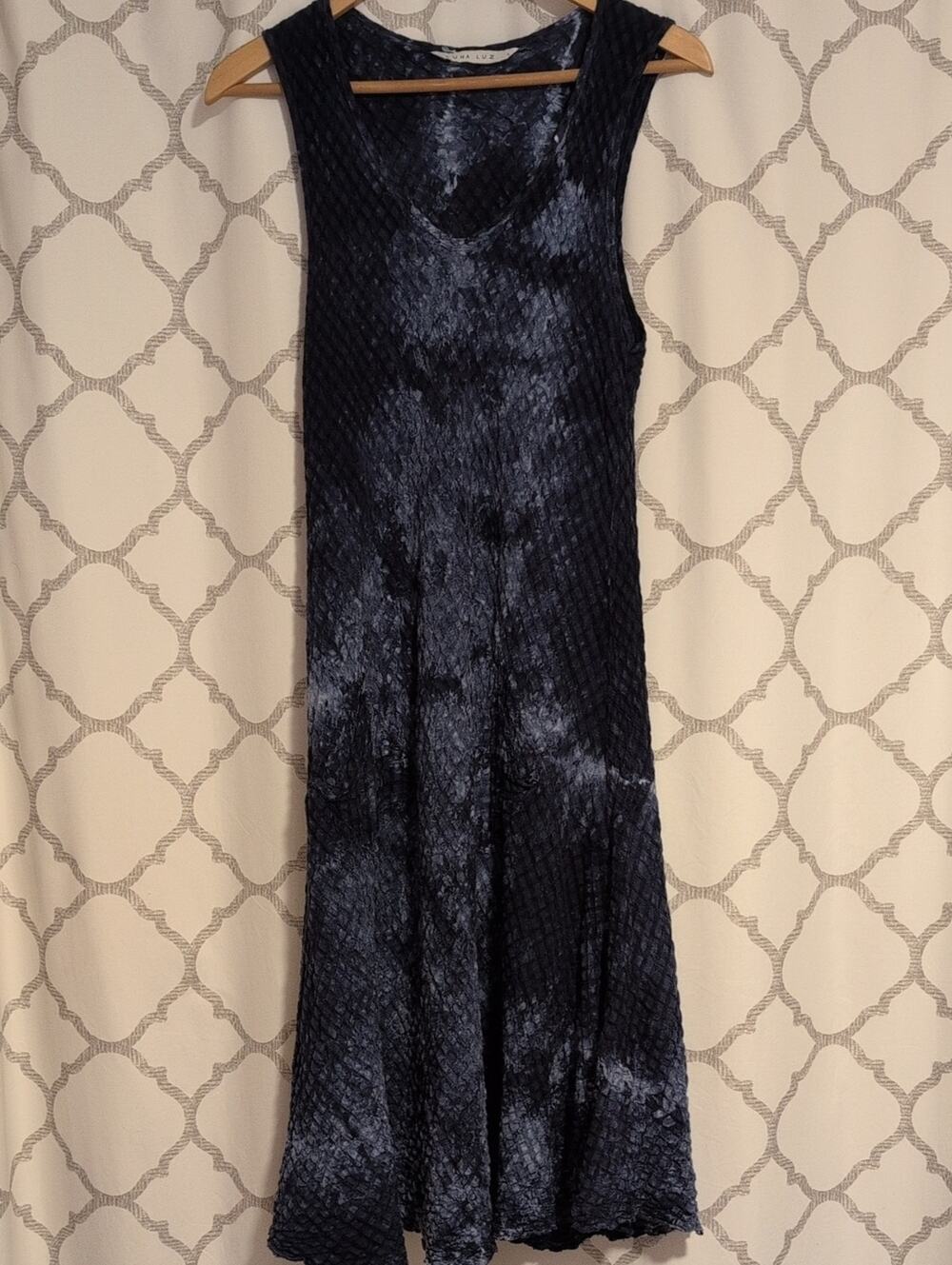 Luna Luz Sleeveless Dress Navy Blue Tie Dye Seersucker Linen Blend Size Large